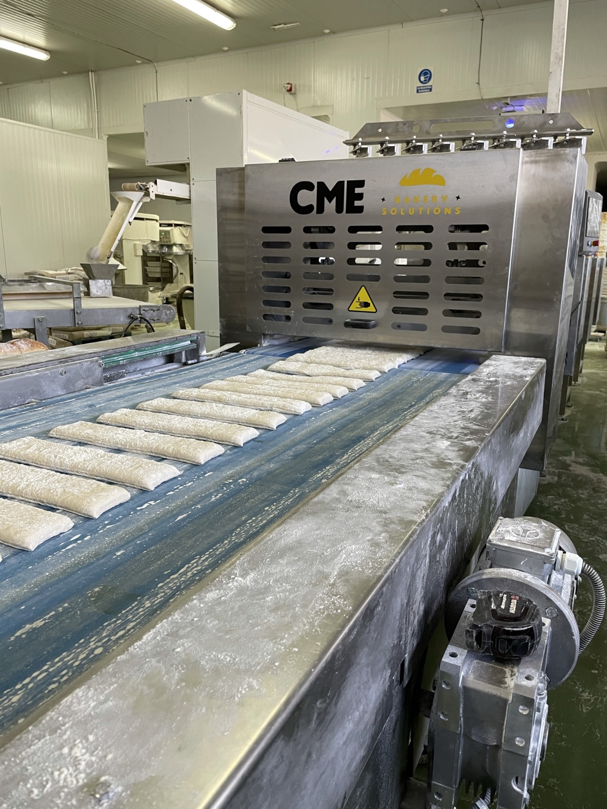Piezas de masa alineadas sobre la línea CME antes de hornear